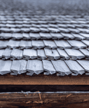 closeup roof house made wooden tiles