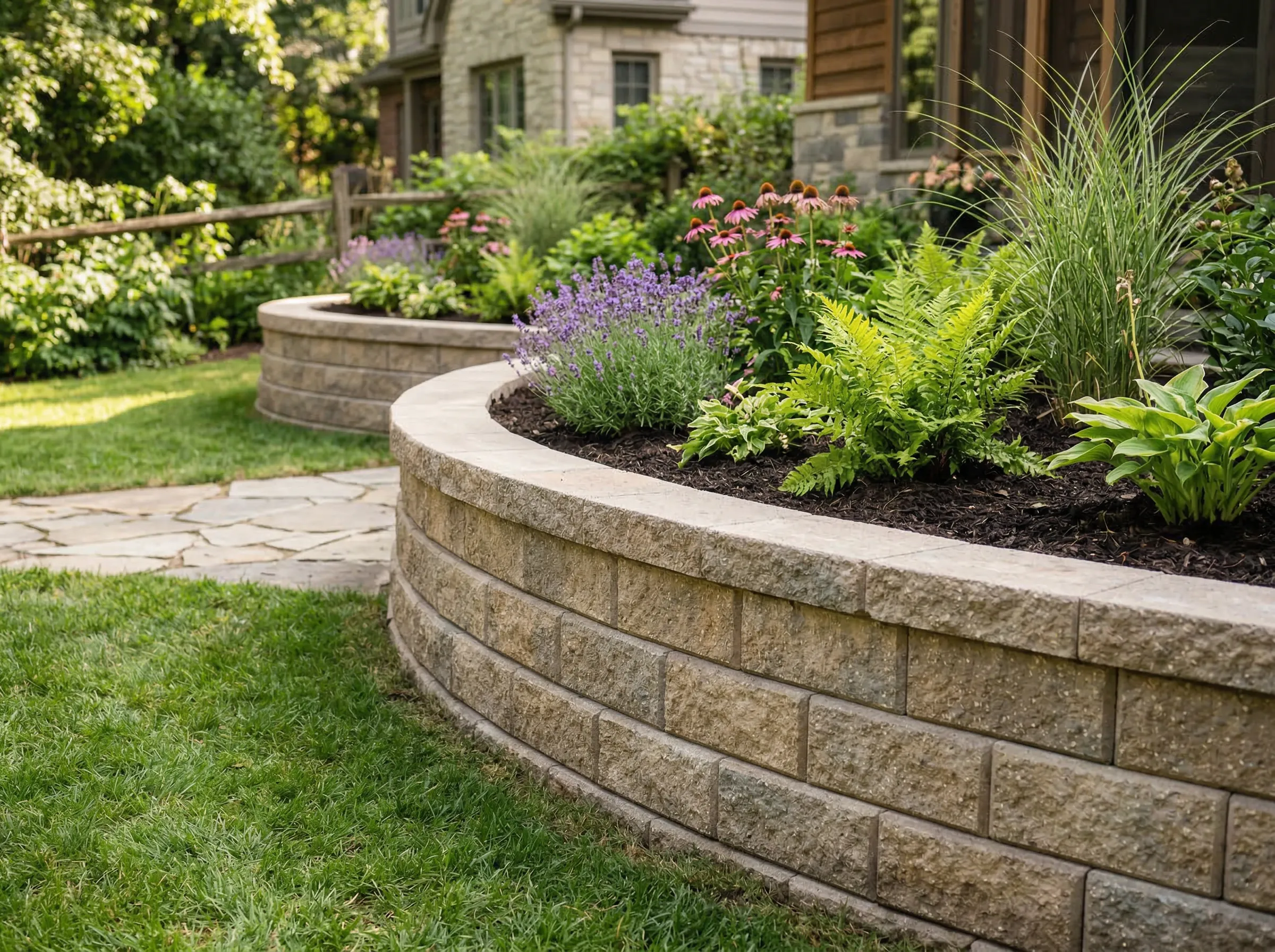 Custom landscape layout with stone borders and planting beds in Peekskill, NY