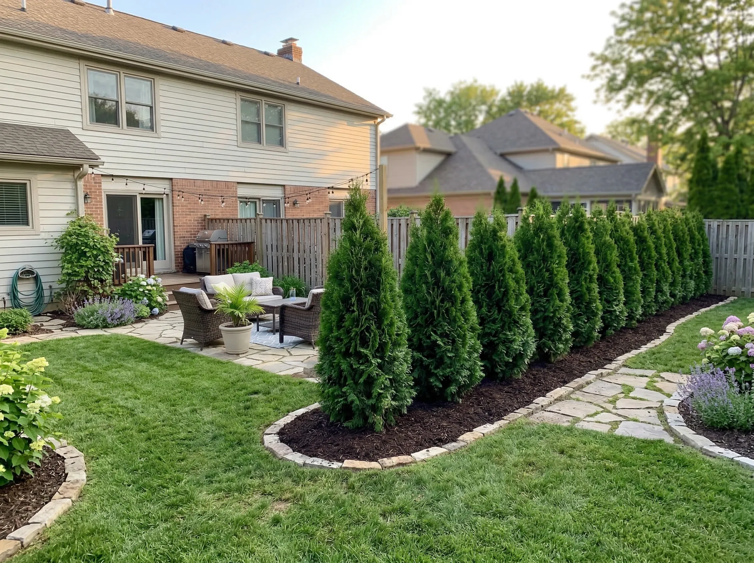 Decorative stone coverings and mulch beds along a Chappaqua, NY retaining wall